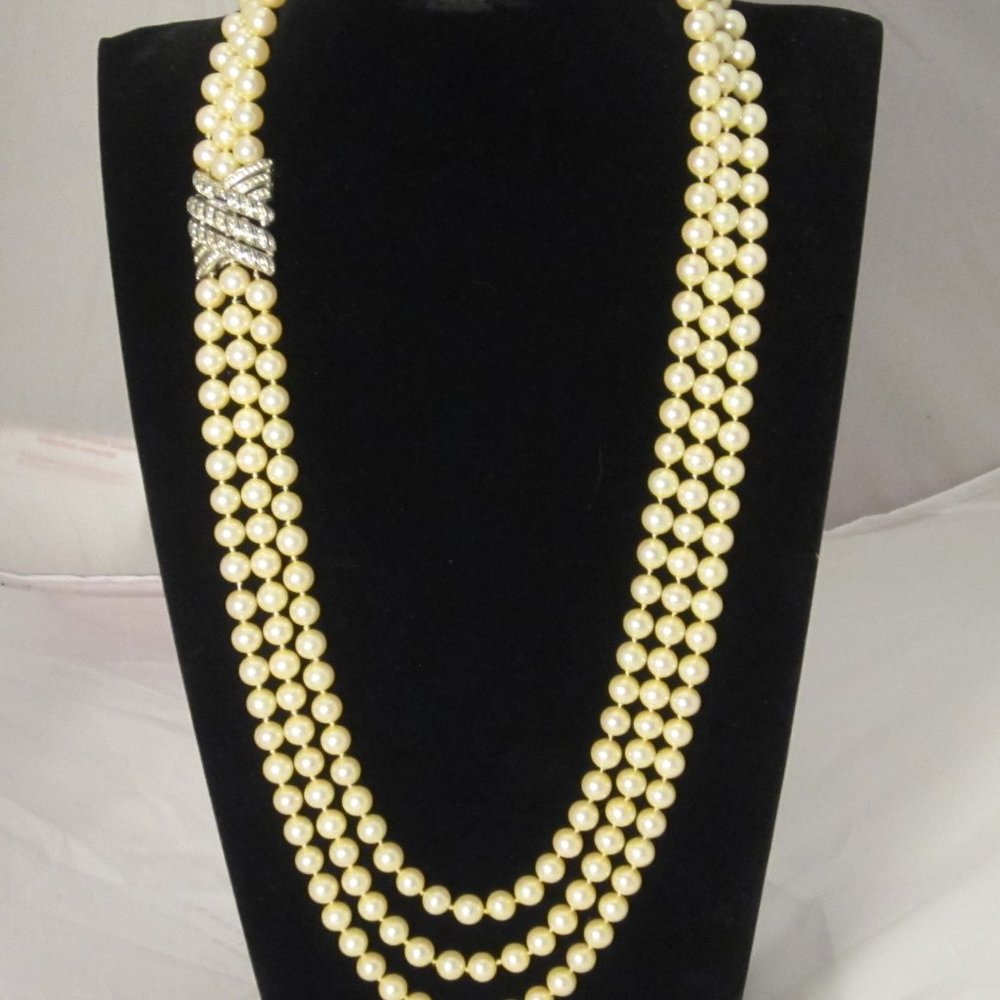 Vintage 1960s Era Ciner Triple Strand Faux Pearl Necklace with Rhinestone Clasp